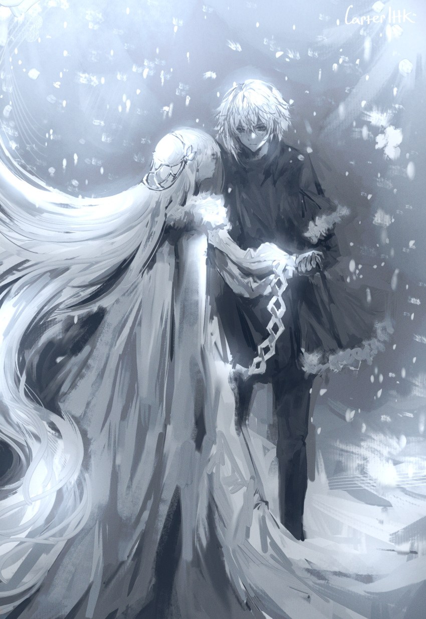 1boy 1girl absurdres anastasia_(fate) cape carterittk closed_mouth coat commentary fate/grand_order fate_(series) fur-trimmed_coat fur_trim hair_between_eyes highres holding_hands kadoc_zemlupus long_hair looking_at_another monochrome pants short_hair snowing very_long_hair