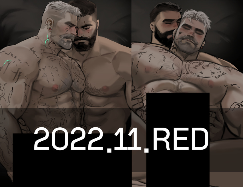 2boys abs bara beard blush body_markings censored chest_hair couple dated david_king_(dead_by_daylight) dead_by_daylight dopey_(dopq) facial_hair full_beard grey_hair hairy hands_on_another's_waist happy_sex kiss large_pectorals male_focus mature_male multiple_boys muscular muscular_male nipples paid_reward_available pectorals profile sex short_hair sparse_chest_hair split_screen thick_beard thick_eyebrows torogao vittorio_toscano yaoi