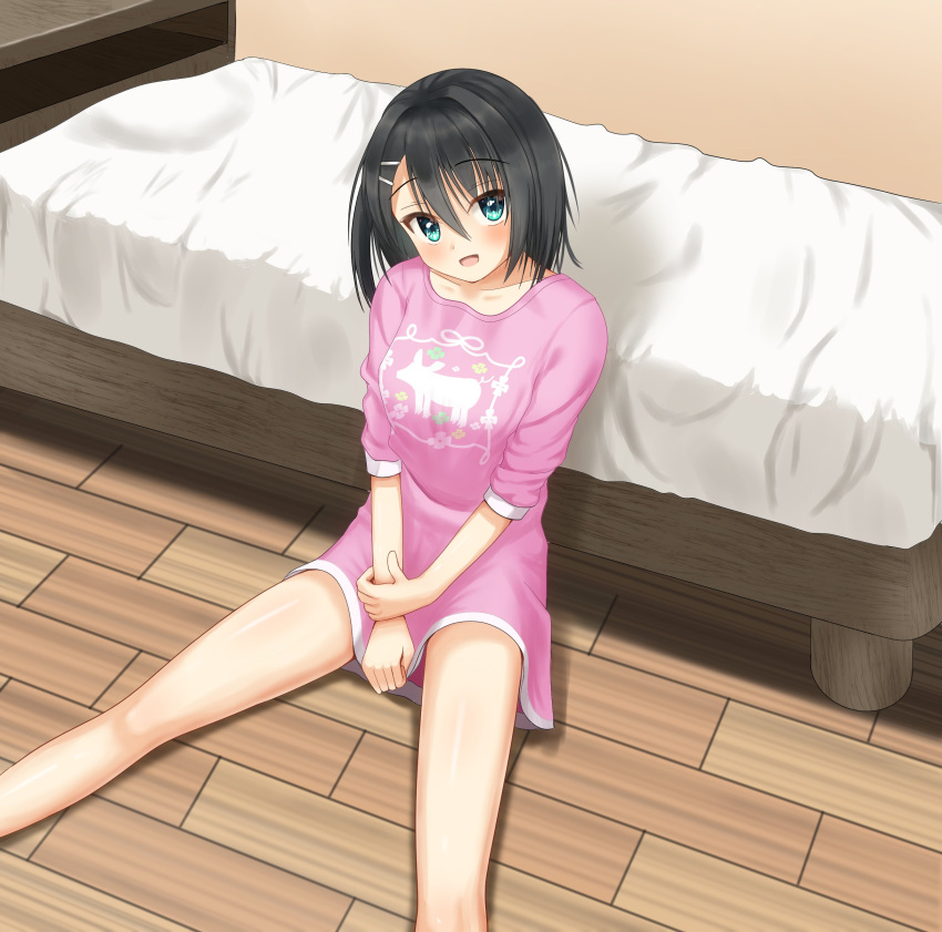 1girl :d absurdres alternate_costume aqua_eyes bare_legs bed black_hair blush breasts casual collarbone commentary dracu-riot! dress eyes_visible_through_hair feet_out_of_frame floral_print from_above hair_between_eyes hair_ornament hairclip happy highres indoors leaning_back long_sleeves looking_at_viewer medium_hair mera_azusa open_mouth pink_dress print_dress side_ponytail sitting skirt skirt_tug sleeves_rolled_up small_breasts smile solo tsurime upturned_eyes wada_(fzwprhf3aj45658)