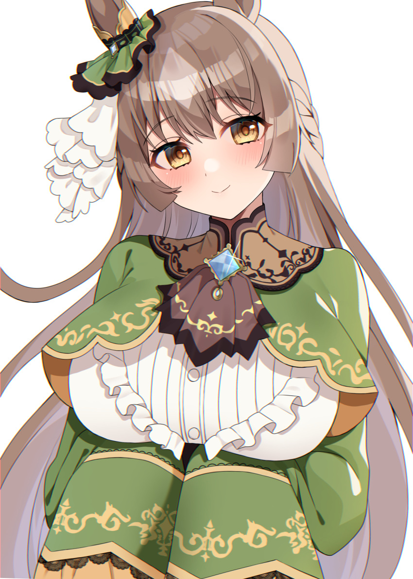1girl absurdres ascot black_ascot blush braid breasts brown_hair center_frills closed_mouth commentary commentary_request cropped_jacket diamond_(shape) ear_ornament french_braid frilled_sleeves frills green_jacket green_skirt hair_between_eyes hand_up highres horse_girl jacket kaoru_(h8qm9) large_breasts long_hair looking_at_viewer multicolored_hair orange_eyes satono_diamond_(umamusume) shirt simple_background skirt sleeves_past_fingers sleeves_past_wrists smile solo streaked_hair umamusume upper_body white_background white_hair white_shirt yuanagae