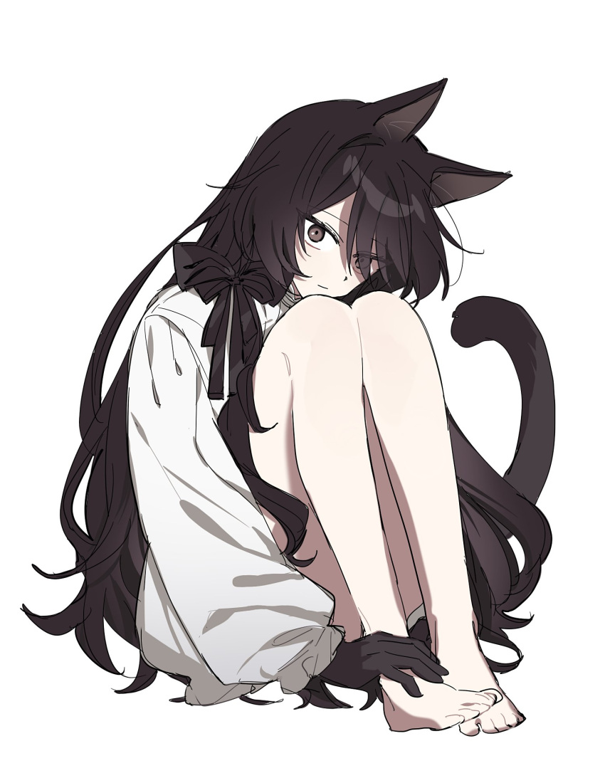 1girl animal_ears bare_legs barefoot bow brown_bow brown_eyes brown_gloves brown_hair brown_tail closed_mouth full_body gloves hair_bow highres knees_up long_hair long_sleeves looking_at_viewer ok_o_o original shirt simple_background sitting solo white_background white_shirt