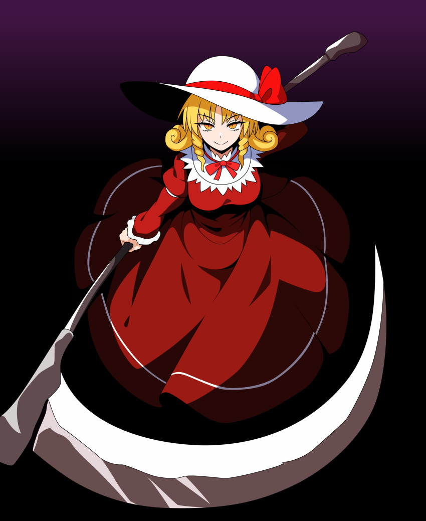 1girl absurdres black_background blonde_hair bow breasts closed_mouth collared_dress commentary_request curly_hair dress drill_hair drill_sidelocks elly_(touhou) frilled_sleeves frills full_body gradient_background hat hat_bow highres holding holding_scythe juliet_sleeves long_sleeves medium_breasts neck_ribbon puffy_sleeves purple_background red_bow red_dress red_ribbon ribbon scythe sidelocks smile solo ssaf52913778 sun_hat touhou touhou_(pc-98) white_hat yellow_eyes