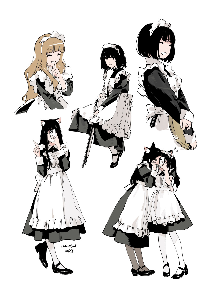 6+girls absurdres animal_ear_fluff animal_ears apron black_hair brown_hair cat_ears cat_girl finger_to_mouth glasses gun highres holding holding_gun holding_tray holding_weapon index_finger_raised long_hair looking_at_viewer maid maid_apron maid_headdress miharu_(cgsky) multiple_girls original rifle selfie shoes short_hair shushing smile socks tray weapon weapon_request