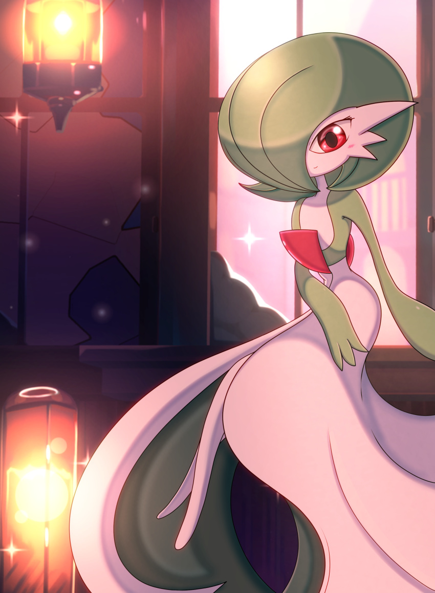 1girl absurdres blush bob_cut closed_mouth colored_skin commentary_request crossed_legs flat_chest gardevoir glowing green_hair green_skin hair_over_one_eye hand_on_lap happy highres indoors kosaburou lantern light_blush looking_at_viewer multicolored_skin one_eye_covered pokemon pokemon_(creature) red_eyes short_hair sitting smile solo sparkle two-tone_skin white_skin window