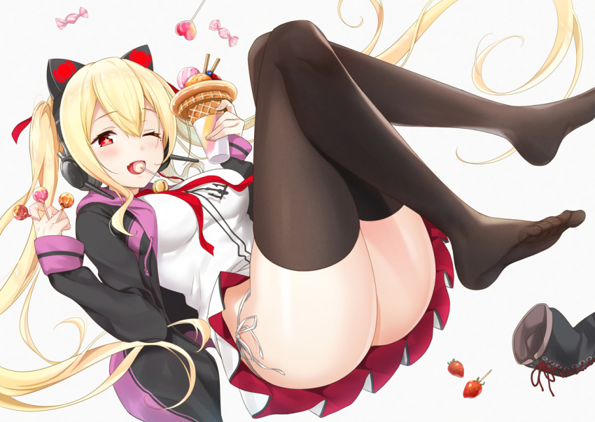 1girl ass azuki_yui azur_lane bangs black_legwear blonde_hair blush breasts cake candy cat_ear_headphones cherry concord_(azur_lane) crossed_ankles eyebrows_visible_through_hair fang feet feet_up food fruit hair_between_eyes hair_ribbon headphones hood hood_down hooded_jacket jacket long_hair long_sleeves medium_breasts mole mole_under_eye mouth_hold one_eye_closed open_clothes open_jacket open_mouth panties pleated_skirt pudding reclining red_eyes red_ribbon ribbon shoes_removed side-tie_panties sidelocks skirt solo star star-shaped_pupils symbol-shaped_pupils thighhighs thighs toes twintails twitter_username underwear v white_panties white_skirt