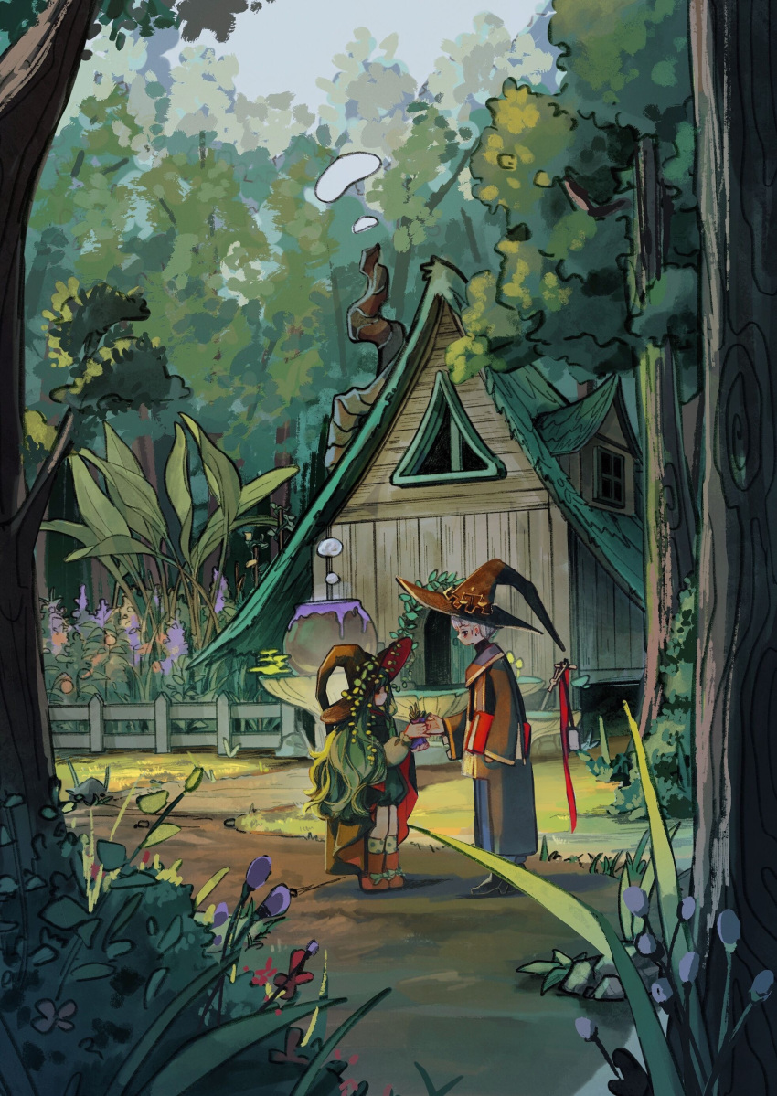 2girls absurdres black_robe blue_flower blue_sky bluebluecathy book boots building cauldron child chimney flower forest from_side full_body green_hair green_theme hat highres holding holding_book long_hair looking_at_another multiple_girls nature original puffy_shorts robe scenery short_hair shorts sky standing tree wavy_hair witch witch_hat
