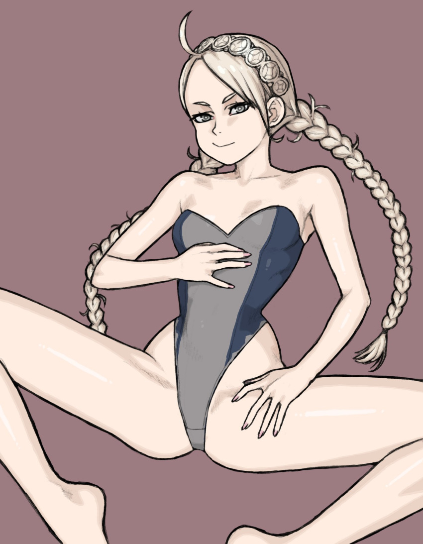 1girl ahoge bare_shoulders blue_eyes braid commission feet_out_of_frame fingernails fire_emblem fire_emblem_fates highres long_fingernails long_hair low_twin_braids low_twintails nina_(fire_emblem) parted_bangs solo twin_braids twintails two-tone_one-piece_swimsuit wabaki white_hair