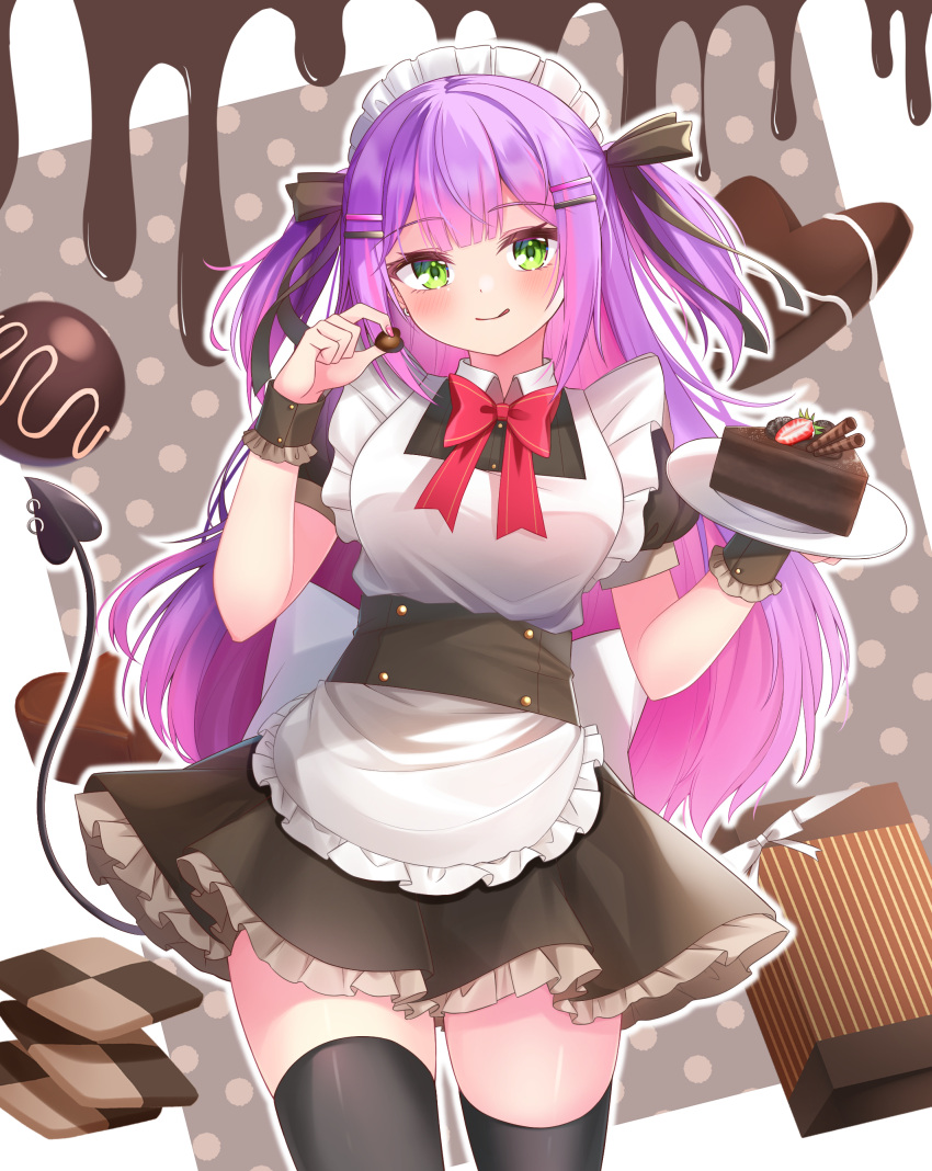 1girl absurdres alternate_costume apron back_bow black_dress black_ribbon black_thighhighs blunt_bangs bow bowtie box breasts brown_background buttons cake candy chocolate chocolate_cake collared_shirt cookie demon_girl demon_tail double-breasted dress earrings floating_hair food frilled_apron frilled_cuffs frilled_dress frills fruit gift gift_box green_eyes hair_ornament hair_ribbon hairclip heart heart-shaped_chocolate highres holding holding_chocolate holding_food holding_plate hololive hoshino_reiji jewelry large_breasts licking_lips light_blush long_hair looking_at_viewer maid maid_apron maid_headdress outline plate pleated_dress polka_dot polka_dot_background puffy_short_sleeves puffy_sleeves purple_hair red_bow red_bowtie ribbon shirt short_sleeves sidelocks simple_background single_earring strawberry tail thighhighs tokoyami_towa tongue tongue_out two-tone_background two_side_up virtual_youtuber walking white_apron white_background white_bow white_outline white_shirt wrist_cuffs