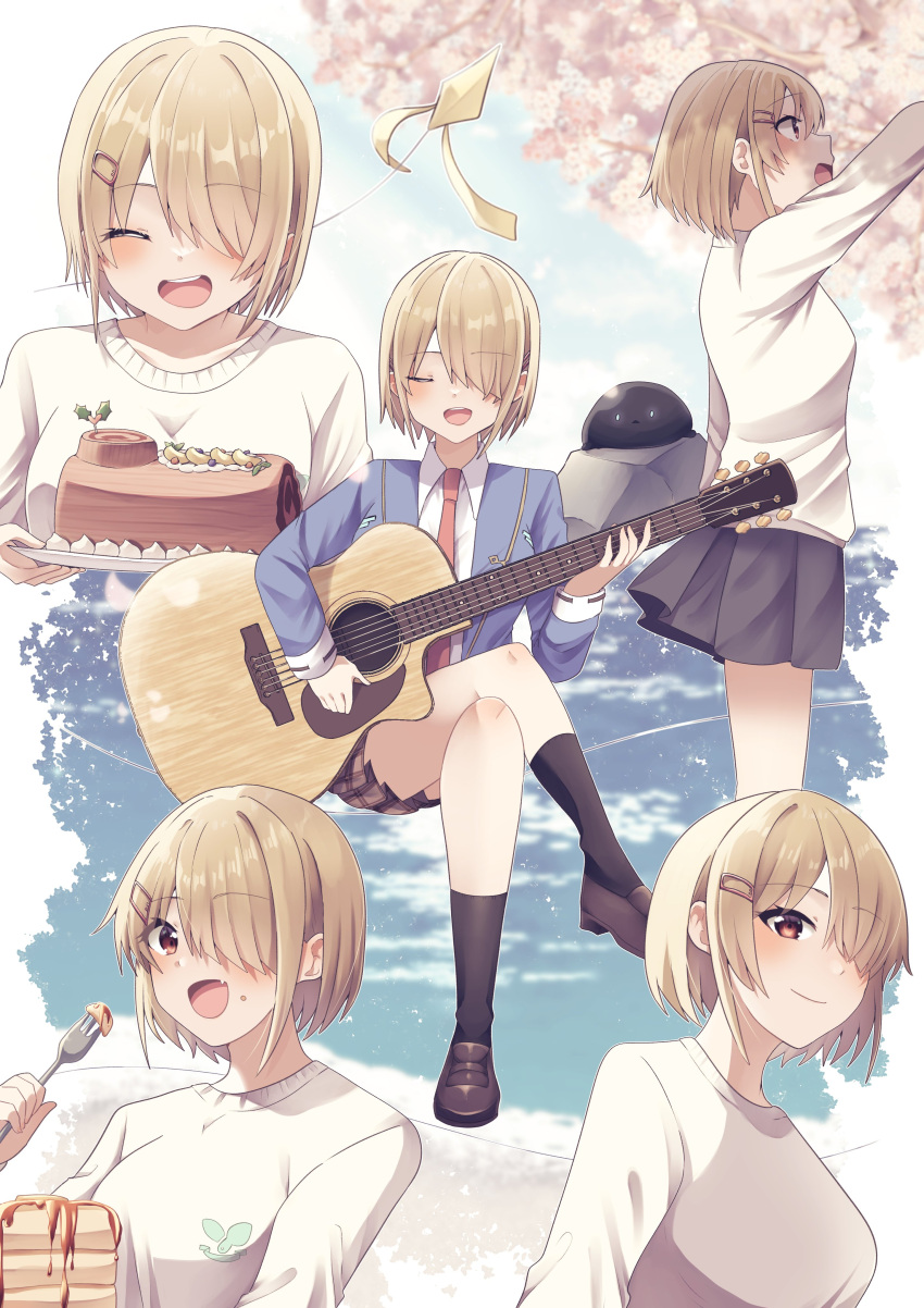 1girl :d absurdres acoustic_guitar black_footwear black_skirt black_socks blonde_hair blue_shirt breasts cake cake_slice closed_eyes commentary_request food fork guitar hair_ornament hair_over_one_eye hairpin heaven_burns_red highres instrument kayamori_ruka multiple_views necktie playing_guitar puyopiku red_eyes red_necktie shirt short_hair sitting skirt smile socks sweater white_sweater