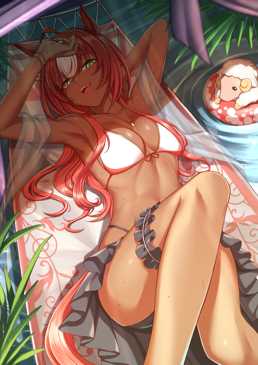 1girl :d absurdres animal_ears armpits arms_up bare_shoulders bikini breasts bridal_garter commentary_request dark_skin darley_arabian_(umamusume) feet_out_of_frame green_eyes highres horse_ears knee_up lying medium_breasts multicolored_hair navel on_back open_mouth red_hair same_kujira_(challenger_310) shadow sheep smile solo stomach swimsuit thighs two-tone_hair umamusume water white_hair