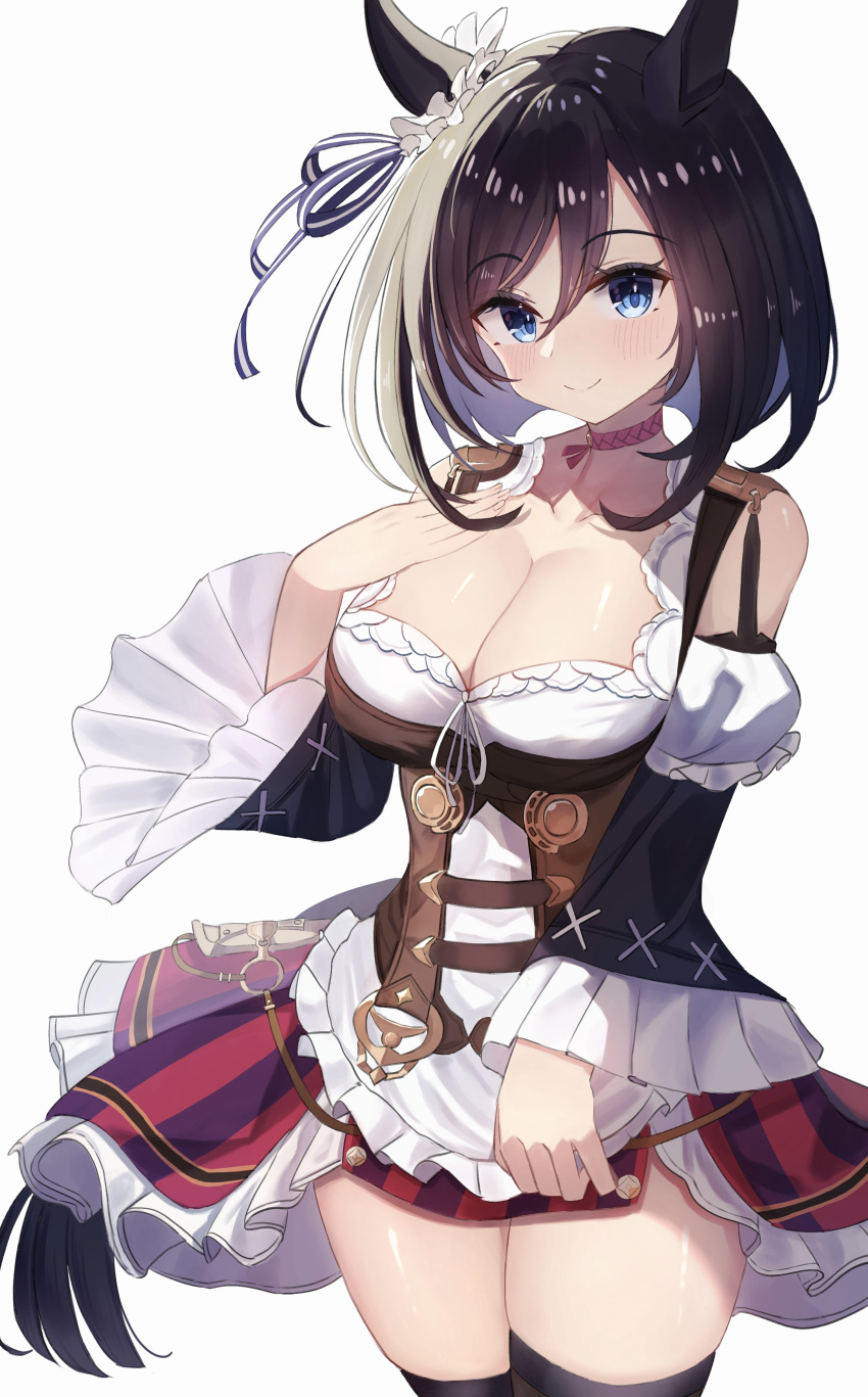 1girl absurdres animal_ears apron bare_shoulders black_hair black_sleeves black_thighhighs blouse blue_eyes bob_cut bodice breasts choker cleavage closed_mouth commentary_request detached_sleeves dirndl ear_ornament ear_scrunchie eishin_flash_(umamusume) frilled_apron frilled_sleeves frills german_clothes hair_between_eyes highres horse_ears horse_girl jewelry large_breasts looking_at_viewer outdoors red_choker scrunchie shirt short_hair smile solo taguchi_yuu thighhighs umamusume upper_body white_apron white_scrunchie white_shirt