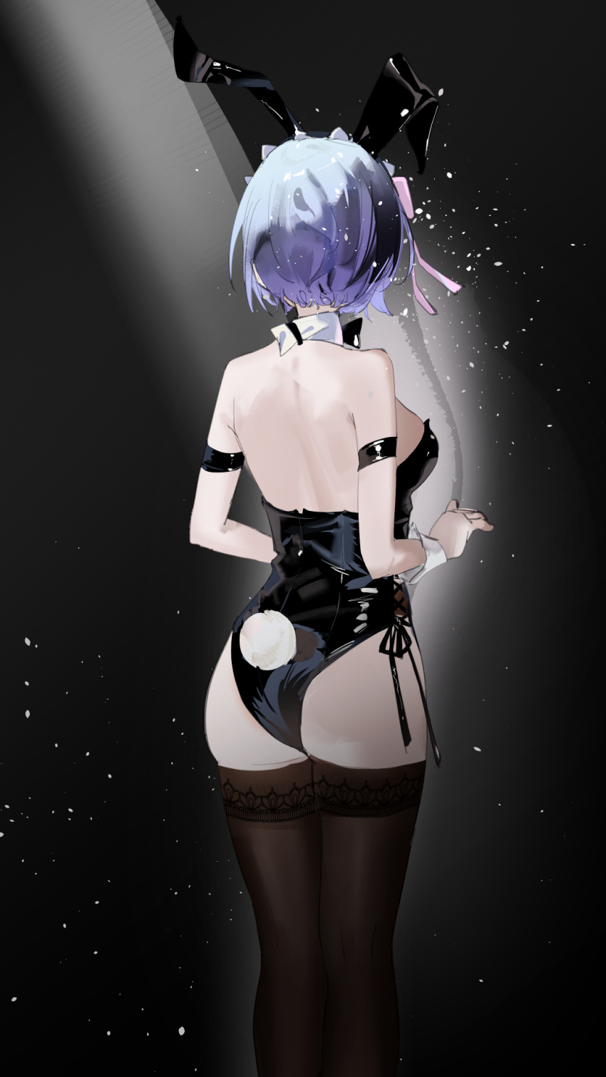 1girl akihoop animal_ears arm_strap ass backless_leotard bare_back bare_shoulders black_background black_bow black_bowtie black_leotard black_thighhighs blue_hair bow bowtie detached_collar fake_animal_ears fake_tail from_behind hair_ribbon highres leotard light_particles original pink_ribbon playboy_bunny rabbit_ears rabbit_tail ribbon short_hair simple_background spotlight standing strapless strapless_leotard tail thighhighs wrist_cuffs