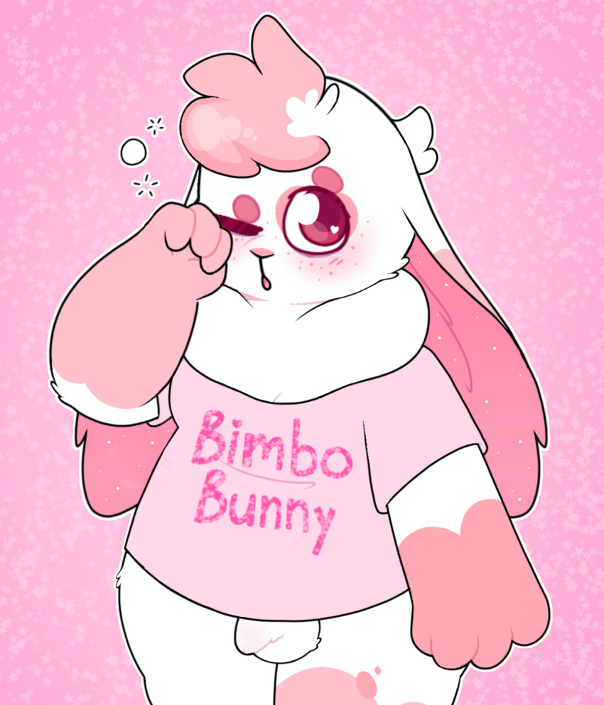 anthro balls blush blush_lines clothing cupid_(luvbunny) domestic_rabbit flaccid fluffy_balls freckles fur genitals hi_res lagomorph leporid looking_at_viewer lop_rabbit luvbunny male mammal neck_tuft one_eye_closed oryctolagus penis pink_body pink_fur pink_nose rabbit rubbing_eye shirt solo sparkles sparkling_clothing t-shirt tired topwear tuft