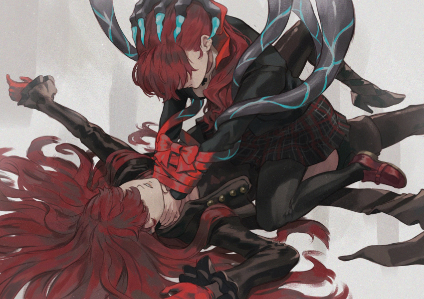 andrich_galam dual_persona hands_on_another's_neck highres long_hair long_sleeves neck_grab persona persona_5 persona_5_the_royal ponytail red_eyes red_hair strangling time_paradox yoshizawa_kasumi yoshizawa_sumire