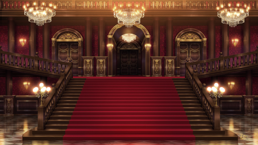 azuma_hatori candelabra candle candlestand carpet chandelier checkered_floor door european_architecture highres indoors lamp no_humans official_art prince_kingdom railing scenery stairs