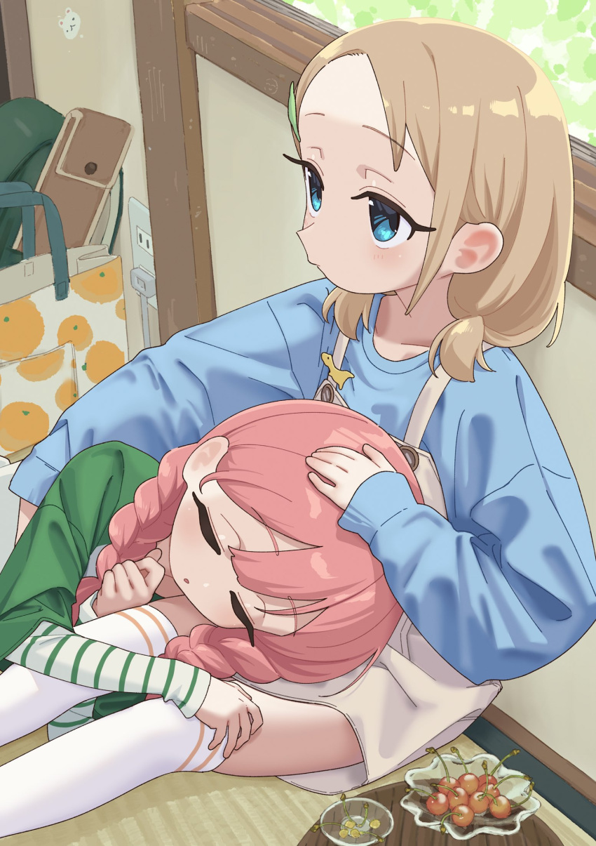 2girls blue_eyes blue_sweater bouen braid cherry closed_eyes commission expressionless food fruit green_shirt hand_on_another's_head highres indoors lap_pillow light_brown_hair long_hair multiple_girls on_floor original parted_lips pink_hair shirt short_hair short_twintails skeb_commission skirt sleeping suspender_skirt suspenders sweater tatami thighhighs twin_braids twintails white_thighhighs