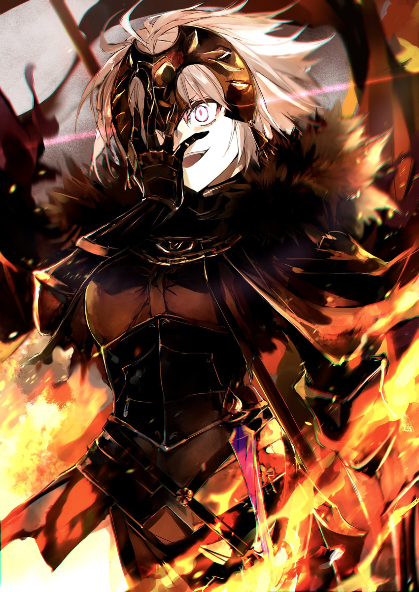 1girl armor armored_dress black_dress breasts chain collar dress fate/grand_order fate_(series) faulds fire flag gauntlets grey_hair headpiece highres jeanne_d'arc_alter_(avenger)_(fate) jeanne_d'arc_alter_(fate) kino_kokko large_breasts metal_collar open_mouth plackart polearm short_hair smile sword weapon yellow_eyes