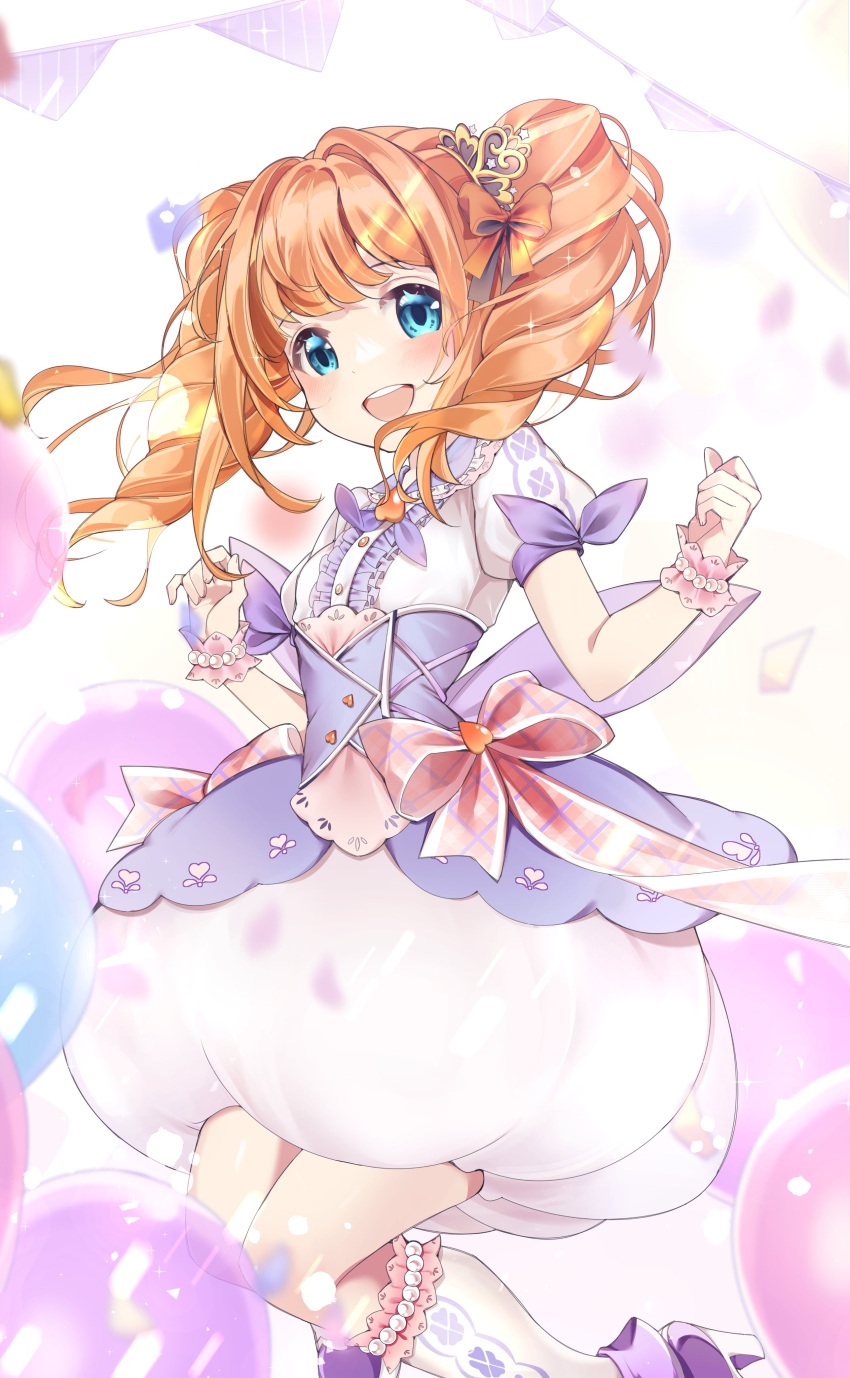 1girl absurdres blue_eyes blush bow confetti decorations dress drill_hair hair_bow high_heels highres idolmaster idolmaster_(classic) mou_niu open_mouth orange_hair puffy_dress purple_dress smile solo takatsuki_yayoi twin_drills twintails wrist_cuffs