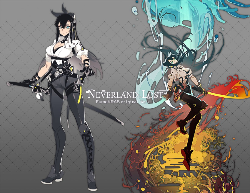 2girls argyle_background arm_belt asymmetrical_footwear belt black_belt black_camisole black_collar black_gloves black_hair blue_eyes blue_hair boots breasts camisole cleavage closed_mouth collar collared_shirt commentary cross-laced_footwear detached_collar eyelashes fire flaming_sword flaming_weapon floating_hair full_body furen_e_lustario gloves gradient_background grey_background grey_pants hair_between_eyes hair_bun hair_ears hand_on_hilt hashtag-only_commentary head_tilt high-waist_pants high_collar holding holding_sword holding_weapon knee_boots krab_(fumekrab) lace-trimmed_camisole lace_trim large_breasts long_hair looking_at_viewer multiple_belts multiple_girls original pants ponytail puffy_short_sleeves puffy_sleeves sheath sheathed shirt shoes short_sleeves simple_background single_boot single_side_bun smile standing sword thigh_belt thigh_strap very_long_hair water water_drop weapon white_shirt white_sleeves