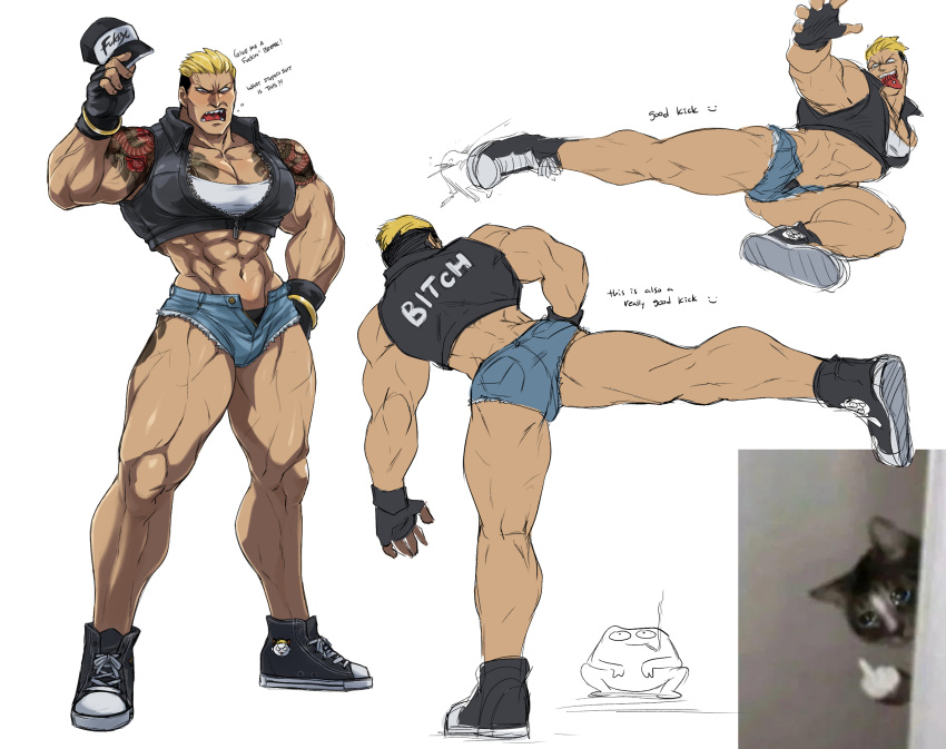 1boy angry ass bara black_footwear black_male_underwear bra breasts cat_png cosplay crop_top crop_top_jacket crouch_kick english_commentary english_text fingerless_gloves gloves gold_bracelet high_kick highres kicking large_breasts large_pectorals male_focus male_underwear muscular muscular_male nyaattoberritto partially_unzipped pectorals sharp_teeth shirt short_shorts shorts shoulder_tattoo sleeveless sleeveless_jacket snk_heroines:_tag_team_frenzy tan tattoo teeth terry_bogard terry_bogard_(cosplay) the_king_of_fighters thick_thighs thighs tight_clothes tongue tongue_out underwear variant_set white_background white_bra white_shirt yamazaki_ryuuji