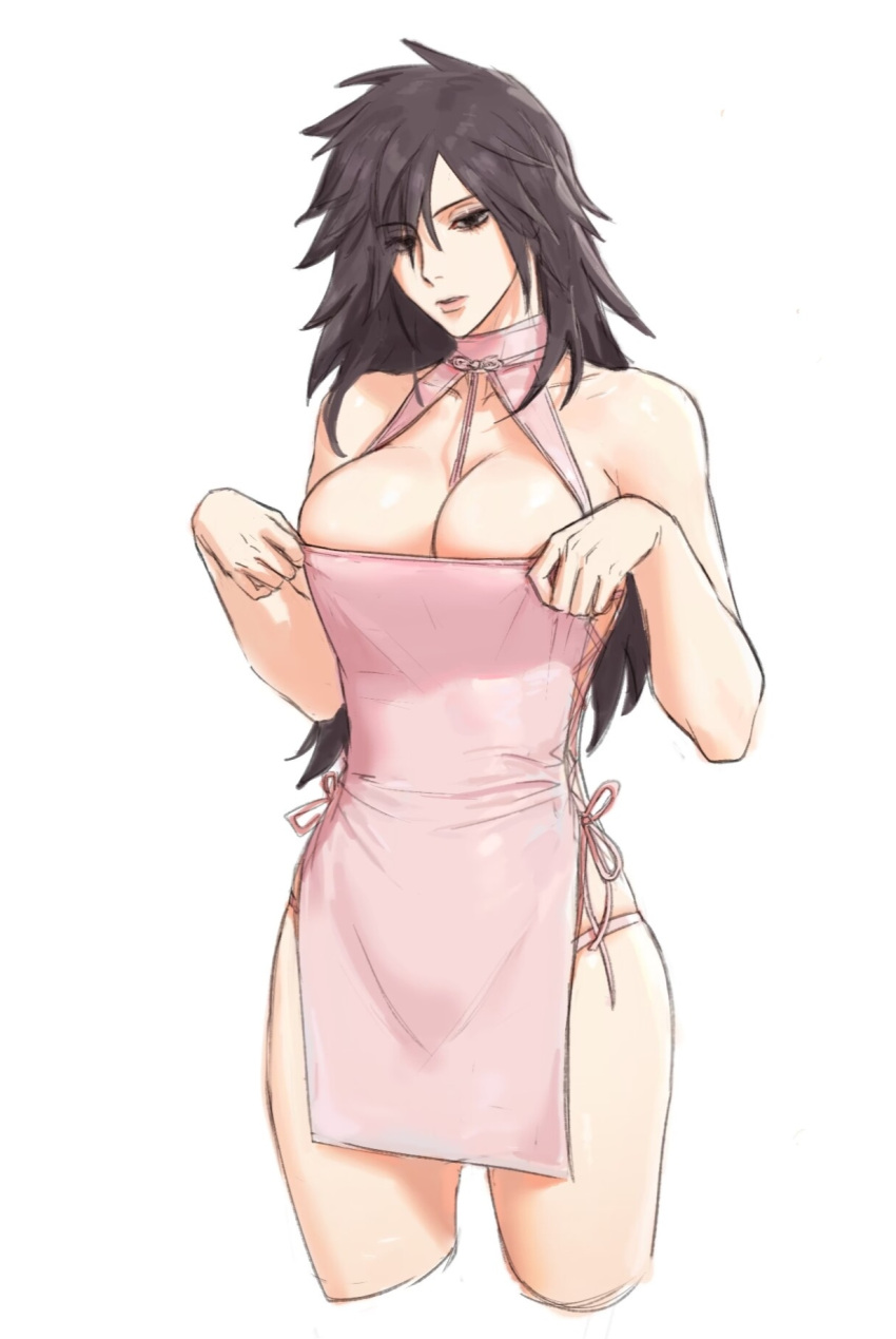1girl black_eyes black_hair breasts cleavage collarbone cropped_legs dress genderswap genderswap_(mtf) highres large_breasts long_hair naruto naruto_(series) naruto_shippuuden parted_lips pelvic_curtain pink_dress ribbon_between_breasts simple_background solo spiked_hair uchiha_madara white_background