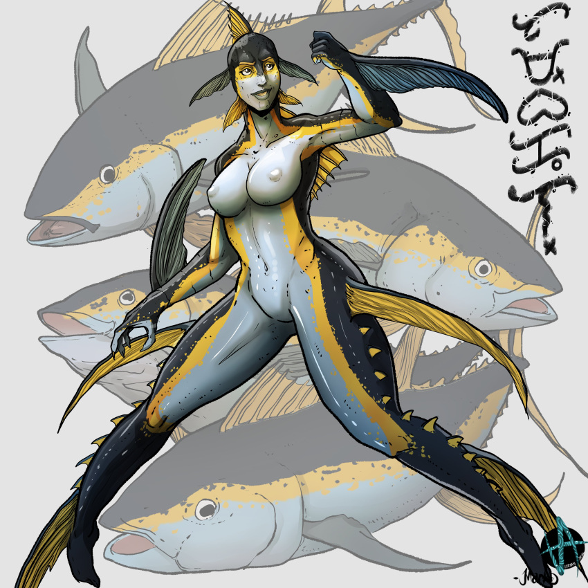 2023 5_claws 5_fingers absurd_res actinopterygii ambiguous_feral ambiguous_gender arm_fins artist_logo artist_name baybayin_text biped black_text blonde_eyebrows blue_body blue_fin blue_scales breasts brown_eyes cheek_fins claws collarbone colored countershade_arms countershade_face countershade_hands countershade_legs countershade_neck countershade_thighs countershade_torso countershading digital_drawing_(artwork) digital_media_(artwork) dorsal_fin eyebrows eyelashes featureless_crotch female female_focus female_humanoid feral fin finger_claws fingers fish fist front_view full-length_portrait glistening glistening_body glistening_eyes glistening_scales grey_background group head_fin hi_res humanoid humanoid_focus leg_fins leg_spikes logo marine markings markoriginals mermay mermay_2023 navel nipples non-mammal_breasts non-mammal_navel non-mammal_nipples nude nude_anthro nude_female pinup portrait pose scales scombrid scombriform shaded signature simple_background smile solo_focus spikes spikes_(anatomy) stripes teeth text tuna white_breasts white_nipples wide_stance yellow_fin yellow_markings yellow_spines yellow_stripes yellowfin_tuna