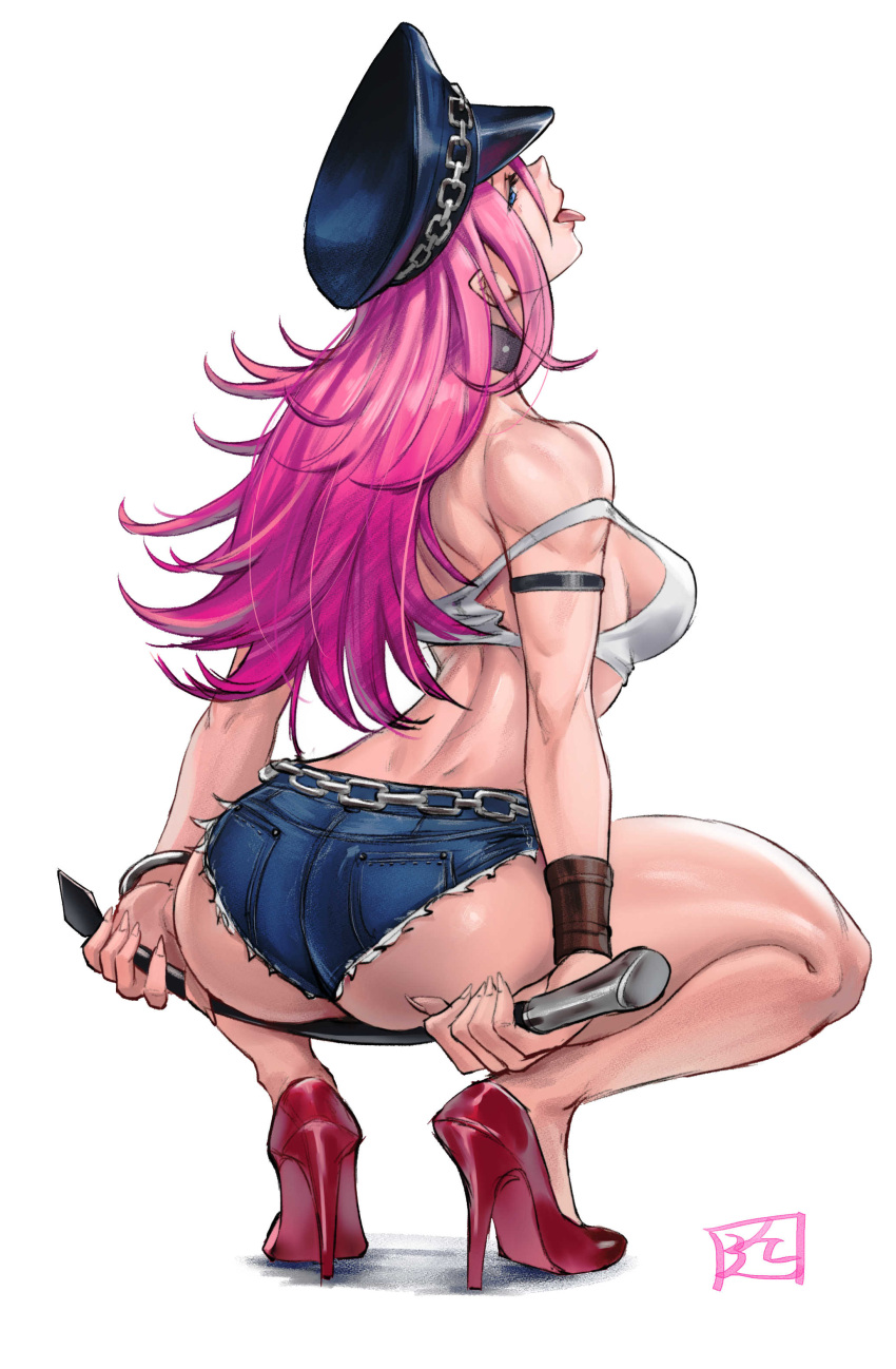 1girl absurdres ass back blue_shorts breasts chain commentary cutoffs denim denim_shorts english_commentary final_fight full_body hat high_heels highres holding holding_whip juaag_acgy long_hair looking_back peaked_cap pink_hair poison_(final_fight) red_footwear short_shorts shorts simple_background solo squatting tank_top tongue tongue_out white_background white_tank_top