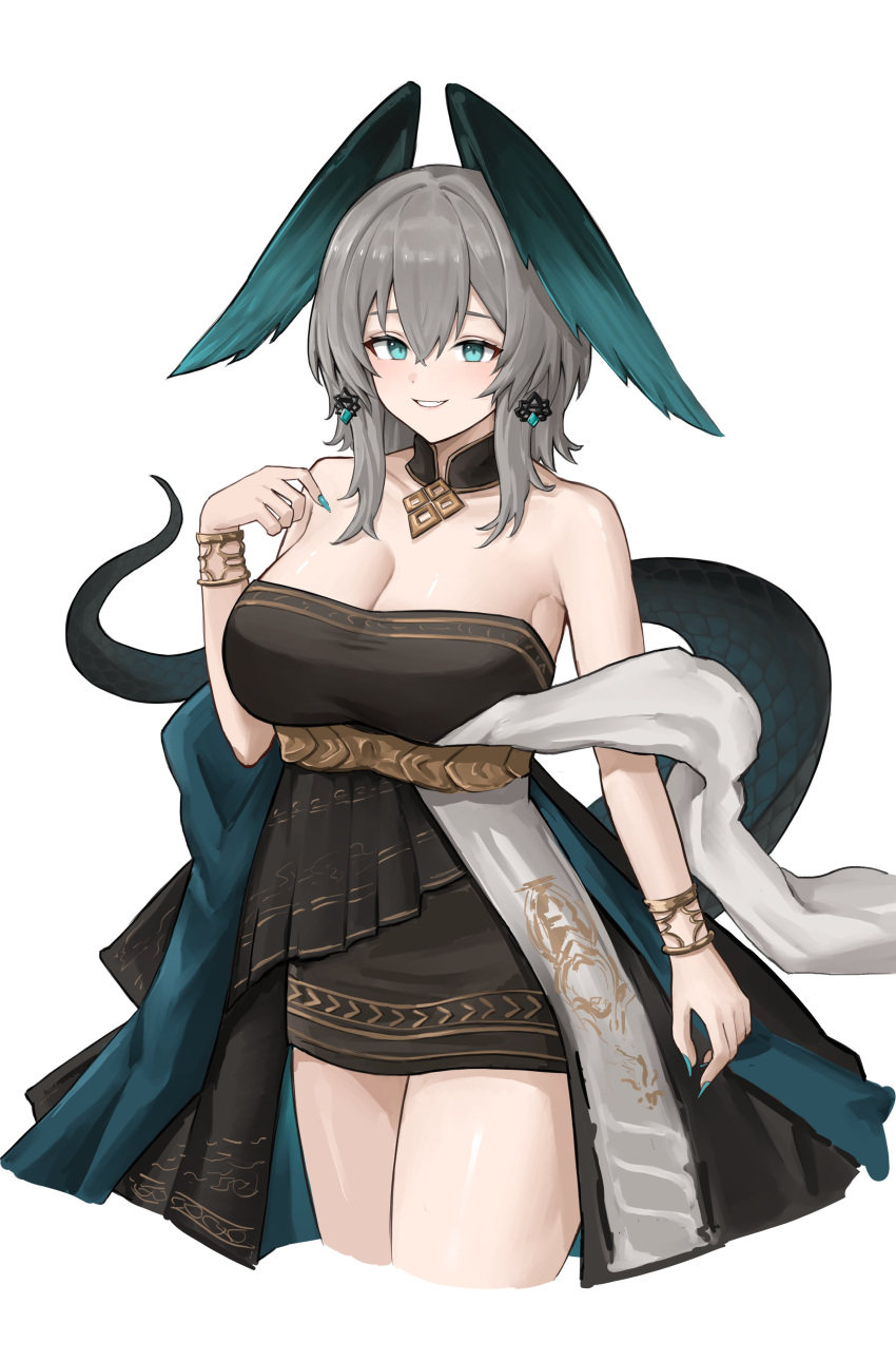1girl absurdres arknights bare_arms bare_shoulders black_choker black_dress blue_eyes bracelet breasts choker cleavage commentary cropped_legs dress grey_hair grin hand_up head_wings highres ho'olheyak_(arknights) ho'olheyak_(carriage_of_the_winds_of_time)_(arknights) jewelry large_breasts looking_at_viewer medium_hair official_alternate_costume rain_(rain8649) simple_background smile snake_tail solo standing strapless strapless_dress tail thighs white_background wings