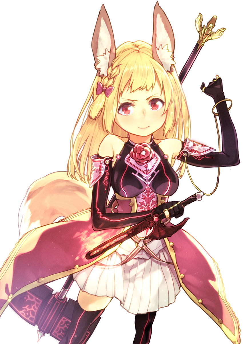 absurdres animal_ears bare_shoulders black_gloves black_legwear blonde_hair bubble_skirt elbow_gloves fox_ears fox_tail gloves hammer highres long_hair looking_at_viewer original overskirt red_eyes shirt skirt solo subachi tail thighhighs transparent_background zettai_ryouiki