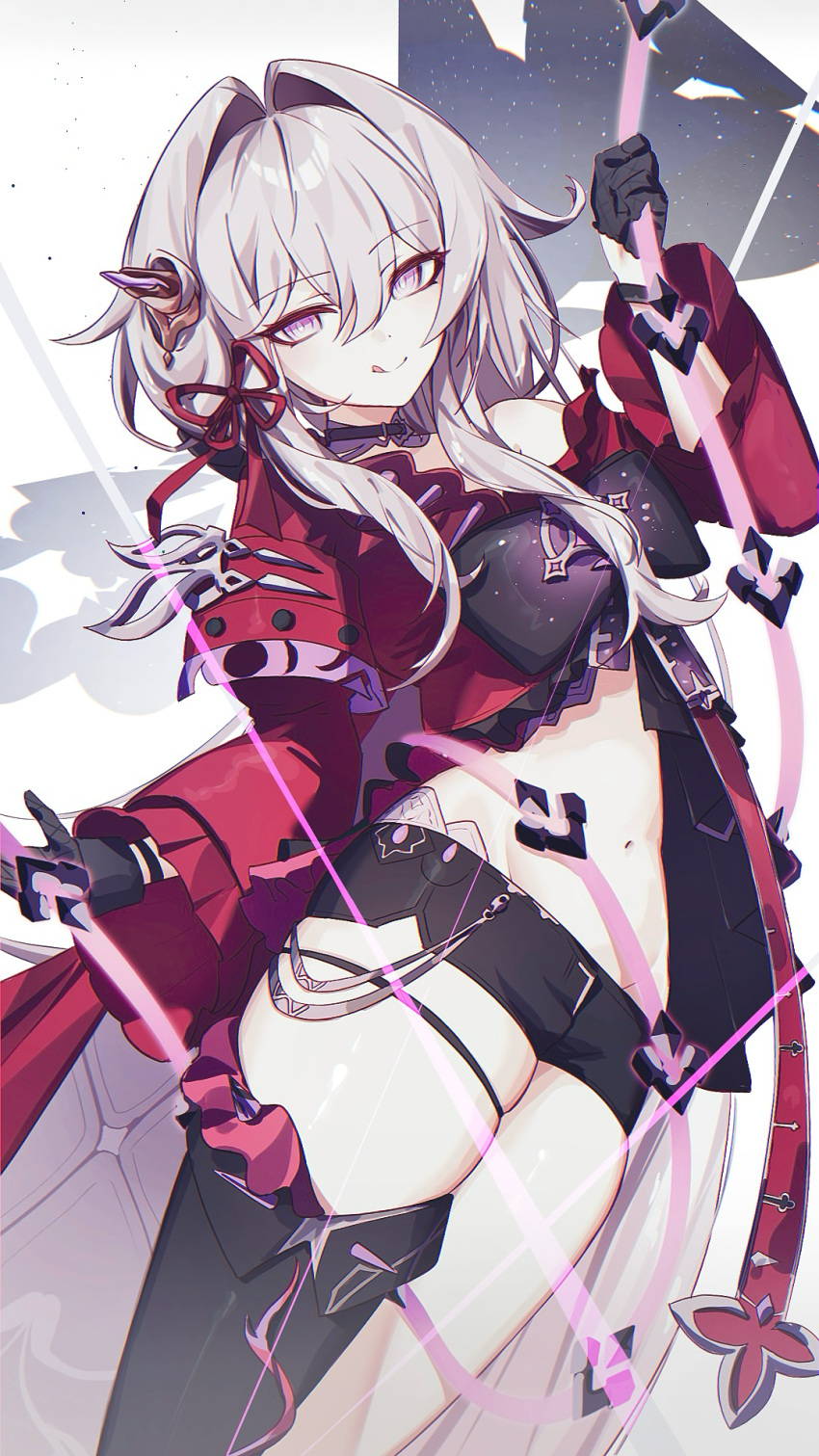 1girl anklet belly black_choker black_gloves black_pantyhose black_shorts bright_pupils choker gloves hair_ornament highres holding holding_string holding_weapon honkai_(series) honkai_impact_3rd jacket jewelry karamaru626 long_hair long_sleeves looking_at_viewer navel pantyhose purple_eyes purple_ribbon red_jacket red_ribbon ribbon ribbon_hair_ornament shadow shorts simple_background single_bare_leg single_bare_shoulder single_leg_pantyhose sky smile solo star_(sky) starry_sky string thelema_(honkai_impact) thighs tongue tongue_out very_long_hair weapon whip_sword white_background white_hair white_pupils