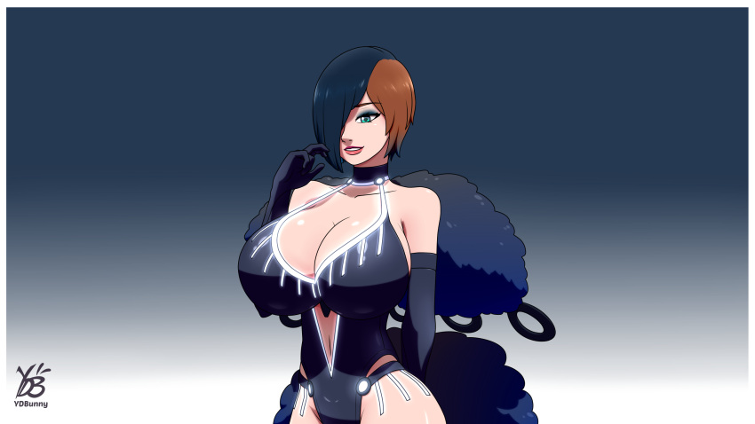 1girl artist_name black_gloves black_hair black_leotard blue_eyes blue_eyeshadow breasts brown_hair clothing_cutout collarbone commission cowboy_shot elbow_gloves english_commentary eyeshadow fusion gift_art gloves groin hair_over_one_eye highres huge_breasts leotard makeup maya_(stargizar) multicolored_hair navel one_eye_covered original parted_lips second-party_source smile split-color_hair stomach_cutout valeria_(t-3485) ydbunny