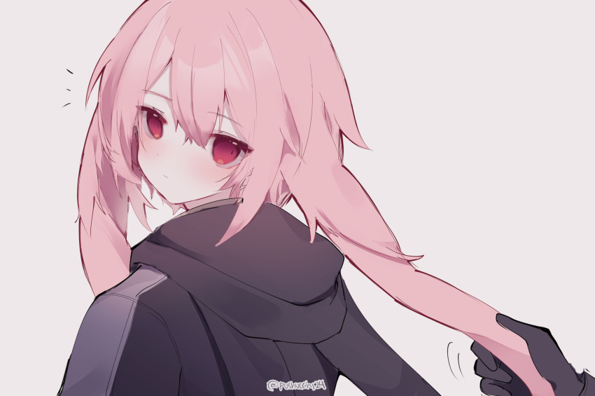 1boy animal_ears ansel_(arknights) arknights black_gloves black_jacket blush commentary disembodied_limb english_commentary gloves highres holding_ear jacket looking_at_viewer looking_back lop_rabbit_ears male_focus no_nose pink_hair pushu rabbit_ears red_eyes simple_background solo_focus surprised twitter_username white_background