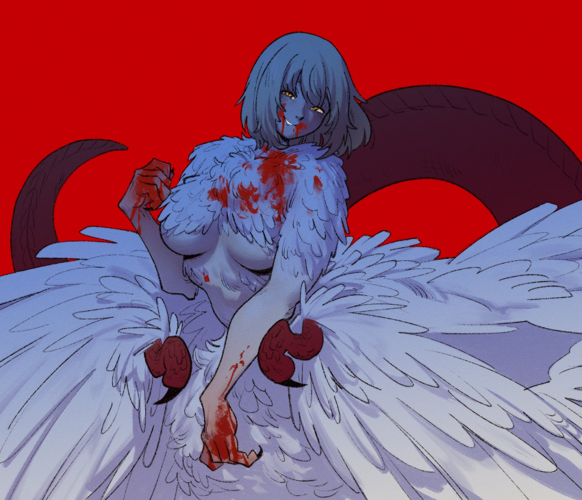1girl blood blood_on_face blood_on_hands breasts claws dungeon_meshi english_commentary falin_touden falin_touden_(chimera) feathered_wings grin gutalalaman highres looking_at_viewer medium_breasts medium_hair monster_girl red_background scales simple_background slit_pupils smile solo spoilers taur underboob wings yellow_eyes