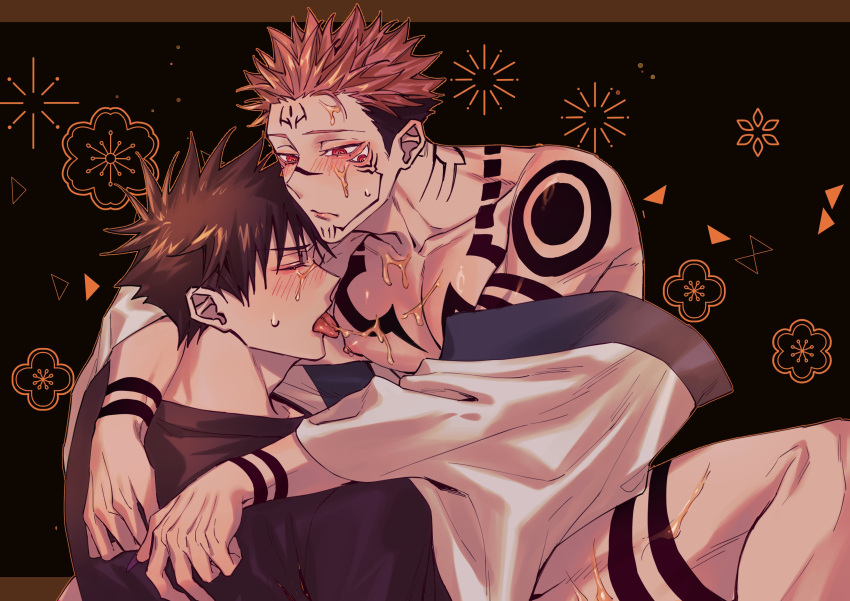 2boys absurdres arm_tattoo azukiharuta_ju black_background black_hair black_sweater blush chest_tattoo closed_eyes closed_mouth collarbone extra_eyes facial_tattoo feet_out_of_frame floral_background forehead_tattoo fushiguro_megumi highres jujutsu_kaisen licking_another's_chest light_frown male_focus multiple_boys nipples pectorals pink_hair red_eyes robe ryoumen_sukuna_(jujutsu_kaisen) short_hair sparkle_background sweatdrop sweater tattoo undercut undressing upper_body white_robe yaoi