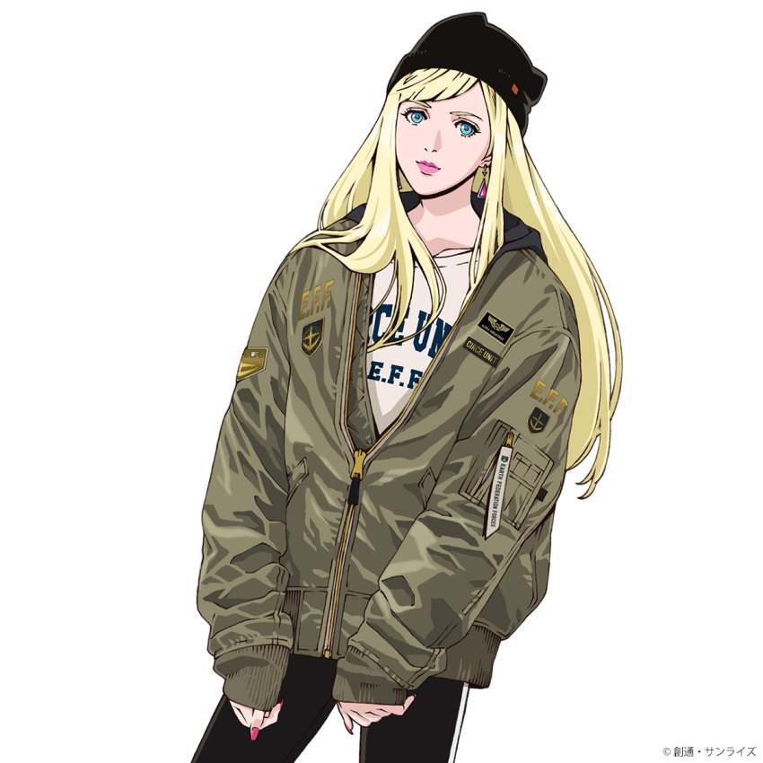 1girl black_beanie black_pants blonde_hair blue_eyes casual earrings gigi_andalusia green_jacket gundam gundam_hathaway's_flash highres hood hooded_jacket jacket jewelry long_hair looking_at_viewer nail_polish official_art pants shirt solo streetwear white_background white_shirt