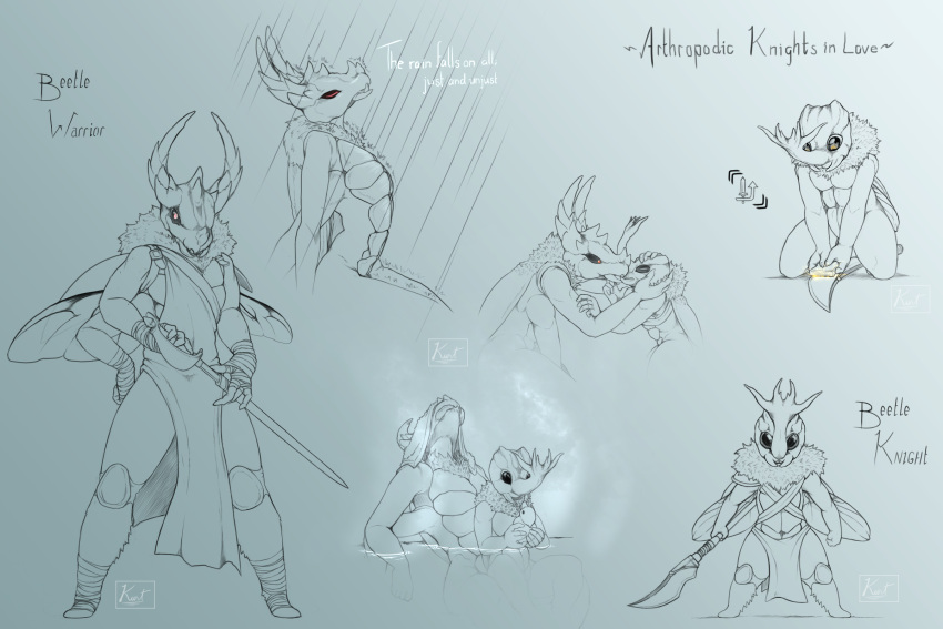 anthro arthropod beetle beetle_knight_(geno28) beetle_warrior_(geno28) bodily_fluids clothing dialogue duo genital_fluids geno28_(artist) glowing glowing_eyes harness hi_res holding_object holding_weapon horn hot_spring insect japanese_rhinoceros_beetle kissing knee_pads male male/male melee_weapon neck_tuft nude on_lap polearm precum raining rhinoceros_beetle rubber_duck scarabaeid sharpening_weapon sitting_on_lap size_difference solo spear spikes spread_wings towel towel_on_head tuft water watermark weapon whetstone wings