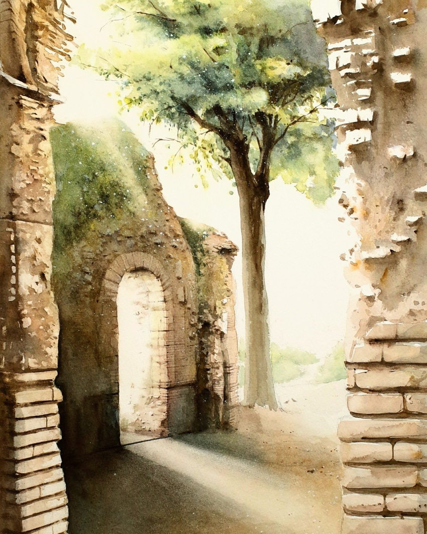 arch brick_wall building day highres no_humans original painting_(medium) ruins scenery shadow shimizu_megumi_(m_acquerello) sunlight traditional_media tree watercolor_(medium)