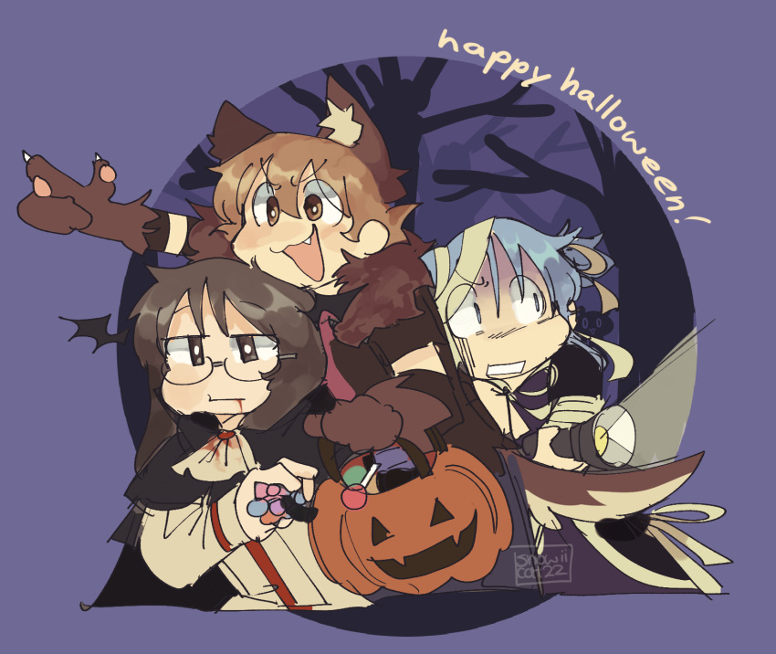 3girls aioi_yuuko animal_ears candy flashlight food halloween halloween_bucket halloween_costume happy_halloween highres minakami_mai multiple_girls naganohara_mio nichijou purple_background signature snowii_cat tree werewolf_costume