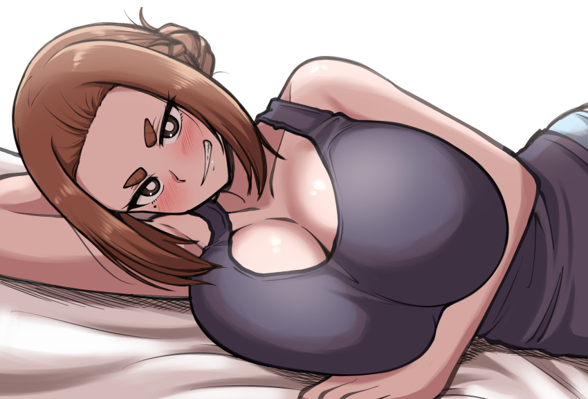 1girl arm_behind_head arm_under_breasts black_shirt black_tank_top blush breasts bright_pupils brown_eyes brown_hair cleavage clenched_teeth grin hair_bun highres huge_breasts kaii_to_otome_to_kamigakushi kiteman442 looking_at_viewer lying medium_hair mole mole_under_eye ogawa_sumireko on_side shiny_skin shirt sidelocks simple_background smile solo tank_top teeth thick_eyebrows upper_body white_background white_pupils
