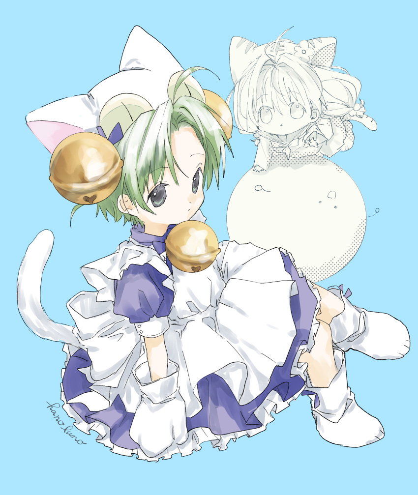 2girls absurdres ahoge animal_hat apron bell blue_background blue_dress cat_hat cat_tail closed_mouth creature curtained_hair dejiko di_gi_charat dot_mouth dress full_body gema green_eyes green_hair hair_bell hair_intakes hair_ornament hano_luno hat highres jingle_bell long_hair long_sleeves looking_at_viewer maid maid_apron mittens multiple_girls neck_bell neckerchief partially_colored paw_shoes puchiko puffy_short_sleeves puffy_sleeves short_hair short_sleeves signature simple_background sitting tail white_apron white_footwear white_mittens