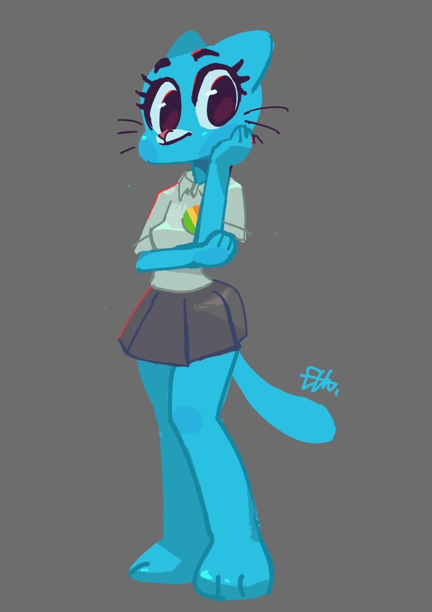 2024 absurd_res anthro blue_body blue_fur bottomwear cartoon_network clothing domestic_cat felid feline felis female fur grey_background hi_res kemokin_mania mammal nicole_watterson pin_button simple_background skirt solo the_amazing_world_of_gumball