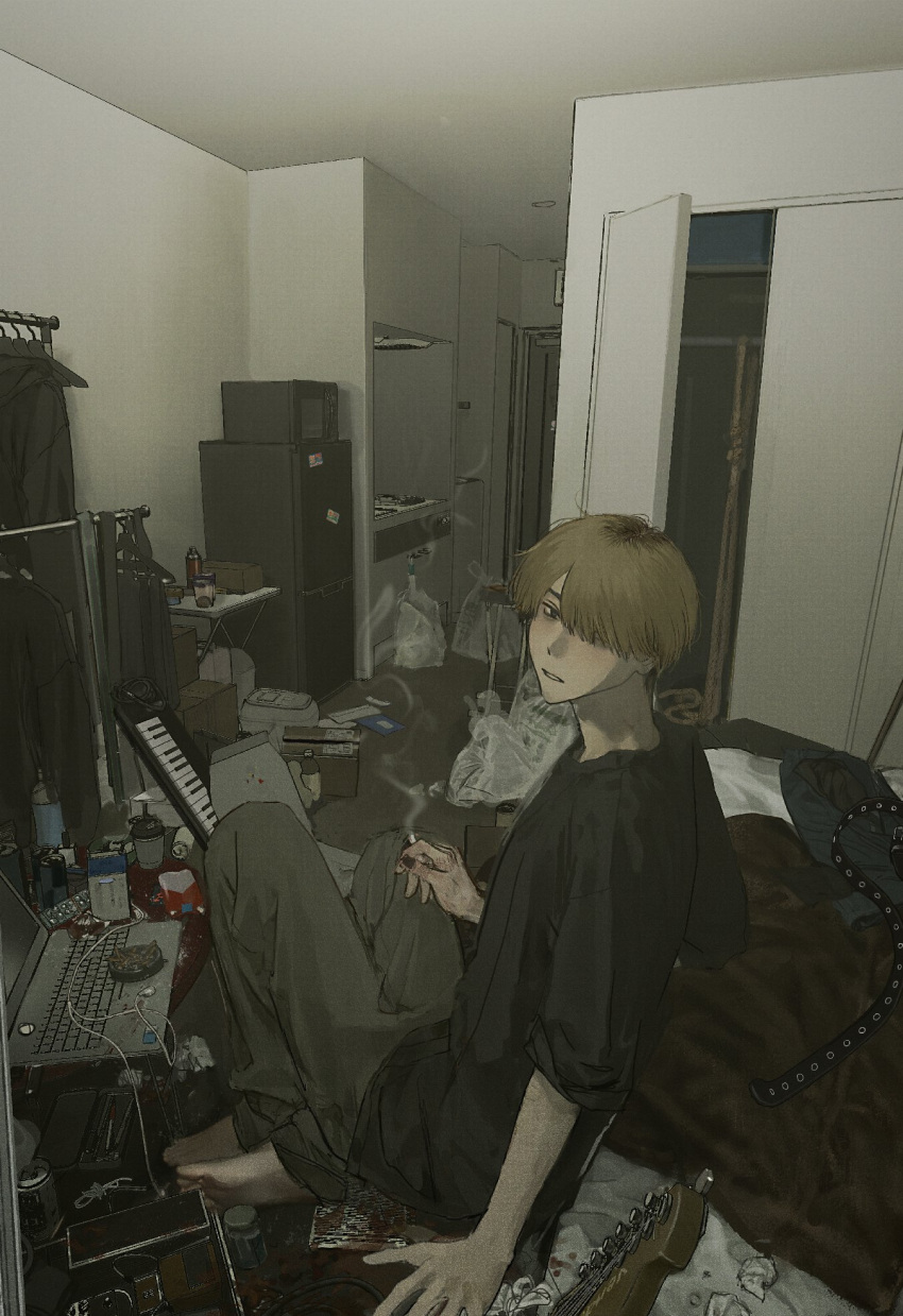 1boy apartment ashtray bag belt black_eyes black_shirt blonde_hair bottle can cigarette clothes_hanger clothes_rack computer earbuds earphones grey_pants hair_over_one_eye highres hirota_tsuu instrument keyboard_(instrument) laptop looking_at_viewer male_focus messy_room microwave original pants parted_lips plastic_bag refrigerator shirt short_hair short_sleeves solo table trash