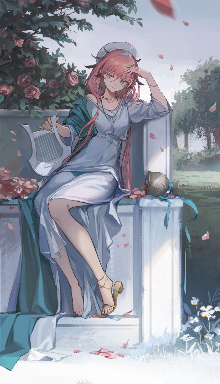 1girl arknights barefoot bench commentary dress english_commentary erato_(arknights) flower green_shawl grey_eyes grey_sky hat head_rest highres holding_lyre kang_yiqian_(self_cultivation) long_hair looking_at_viewer outdoors pink_flower pink_hair pink_rose rose rose_bush sandals shawl shoes single_shoe sitting sky smile solo tree vase very_long_hair white_dress white_hat