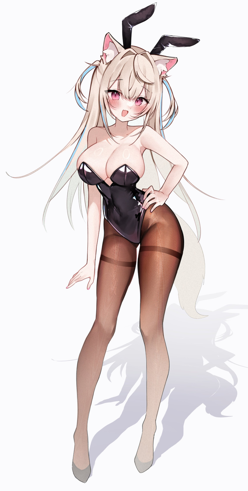 1girl absurdres animal_ear_fluff animal_ear_hairband animal_ears arm_at_side ass_visible_through_thighs black_footwear black_leotard black_pantyhose blonde_hair blue_hair blush breasts contrapposto crossed_bangs dog_ears dog_girl dog_tail double-parted_bangs fake_animal_ears fine_fabric_emphasis full_body fuwawa_abyssgard groin hair_between_eyes hair_intakes hairband hand_on_own_hip highleg highleg_leotard highres hololive hololive_english large_breasts leotard light_brown_hair long_hair looking_at_viewer meiwowowo multicolored_hair open_mouth pantyhose pink_eyes playboy_bunny rabbit_ear_hairband rabbit_ears shadow smile solo standing strapless strapless_leotard streaked_hair tail thighband_pantyhose two_side_up virtual_youtuber