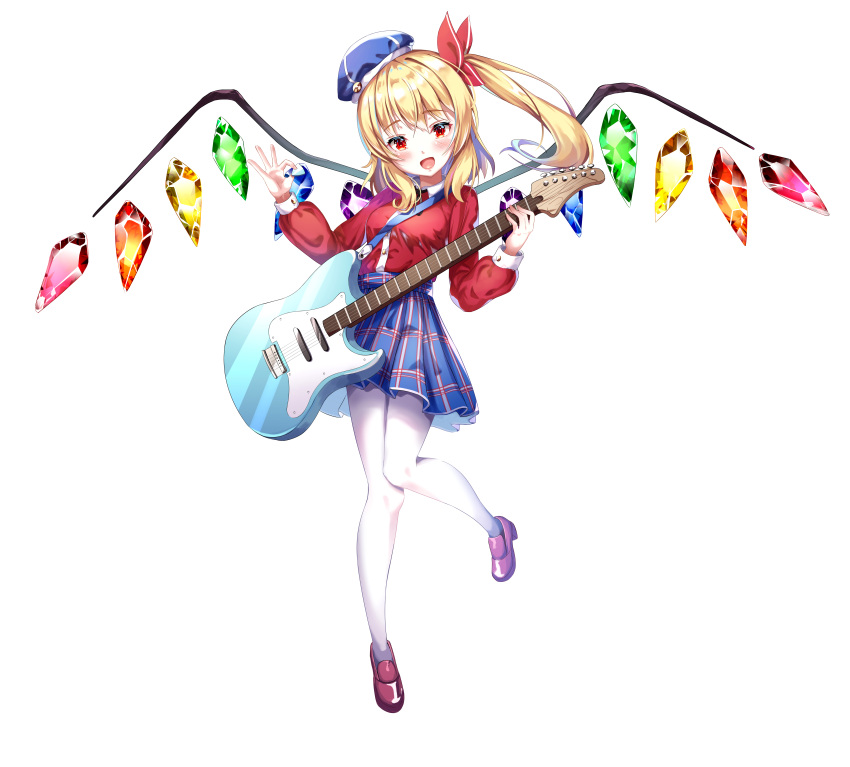 1girl absurdres alternate_costume blue_skirt crystal_wings electric_guitar flandre_scarlet ggs guitar hair_ribbon hand_up hat highres instrument mary_janes mini_hat open_mouth red_ribbon ribbon shoes side_ponytail simple_background skirt smile solo thighhighs touhou white_background white_thighhighs
