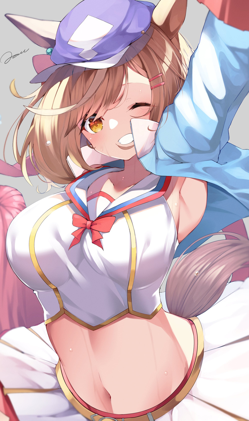 1girl absurdres alternate_costume animal_ears arm_up armpits blush breasts cheerleader clenched_teeth collarbone commentary_request grey_background hat highres horse_girl jacket looking_at_viewer matikane_tannhauser_(umamusume) medium_breasts midriff navel one_eye_closed p41nt_jam pom_pom_(cheerleading) simple_background solo sweat teeth umamusume yellow_eyes