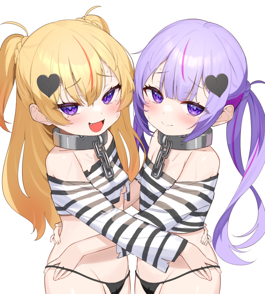 2girls :d black_panties blonde_hair braid breasts broken_heart chain closed_mouth collar commentary_request crop_top fang hair_ornament heart heart_hair_ornament highres long_hair long_sleeves looking_at_viewer metal_collar multicolored_hair multiple_girls off-shoulder_shirt off_shoulder orange_hair original panties purple_eyes purple_hair shirt simple_background small_breasts smile streaked_hair striped_clothes striped_shirt sweat tsukiman twintails two_side_up underwear very_long_hair white_background