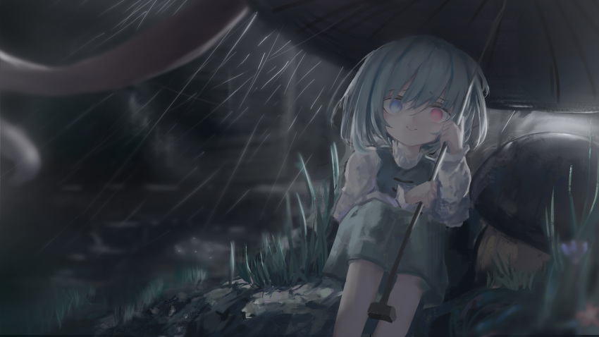 1girl absurdres aqua_hair aqua_skirt blue_eyes blue_vest collared_shirt empty_eyes feet_out_of_frame frilled_shirt_collar frills furrowed_brow hair_between_eyes hair_intakes heterochromia hia_(xonn) highres holding holding_umbrella knees_up leaning_to_the_side light_rays long_sleeves looking_at_viewer mushroom nature on_grass outdoors puffy_long_sleeves puffy_sleeves rain red_eyes shirt short_hair sidelocks sitting skirt smile solo tatara_kogasa tongue touhou umbrella vest white_shirt