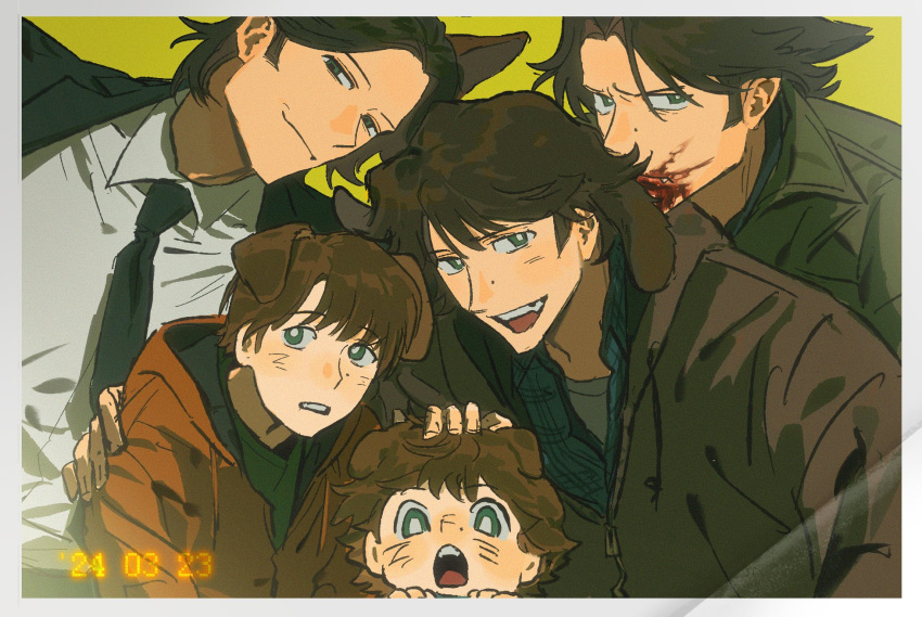 1boy age_progression animal_ears blood_on_mouth brown_hair dog_boy dog_ears evil_smile green_eyes highres kemonomimi_mode male_focus mole mole_on_nose multiple_views sam_winchester short_hair simple_background smile supernatural_(tv_series) upper_body user_ftf4740