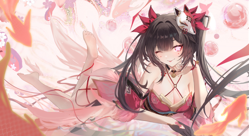 1girl ;p bare_shoulders barefoot bell black_choker black_gloves black_nails breasts choker cleavage closed_mouth commentary_request criss-cross_halter detached_sleeves dress feimao_(fmfeimao) fish flower_tattoo fox_mask full_body gloves halterneck highres honkai:_star_rail honkai_(series) long_hair looking_at_viewer lying mask mask_on_head neck_bell on_stomach one_eye_closed orb red_dress red_sleeves single_glove smile solo sparkle_(honkai:_star_rail) tattoo the_pose tongue tongue_out twintails